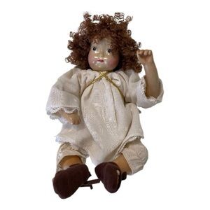 Vintage Porcelain Angel Doll with Curly Hair, White Outfit, Gold Wings Soft Body